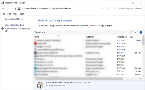 The Programs and Features page.
